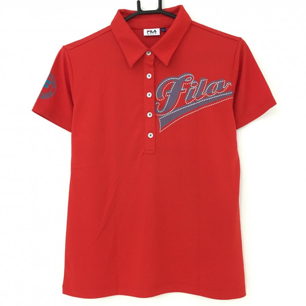 【超美品】フィラゴルフ 半袖ポロシャツ レッド×ブルー ビッグロゴプリント レディース L ゴルフウェア FILA GOLF