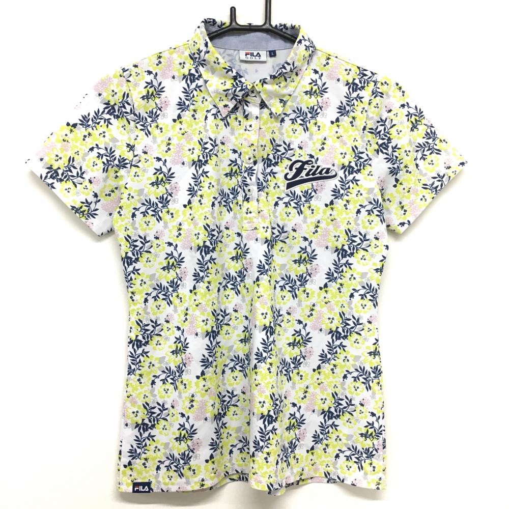 フィラゴルフ 半袖ポロシャツ 白×イエロー 花柄 ロゴ刺しゅう  レディース L ゴルフウェア FILA GOLF