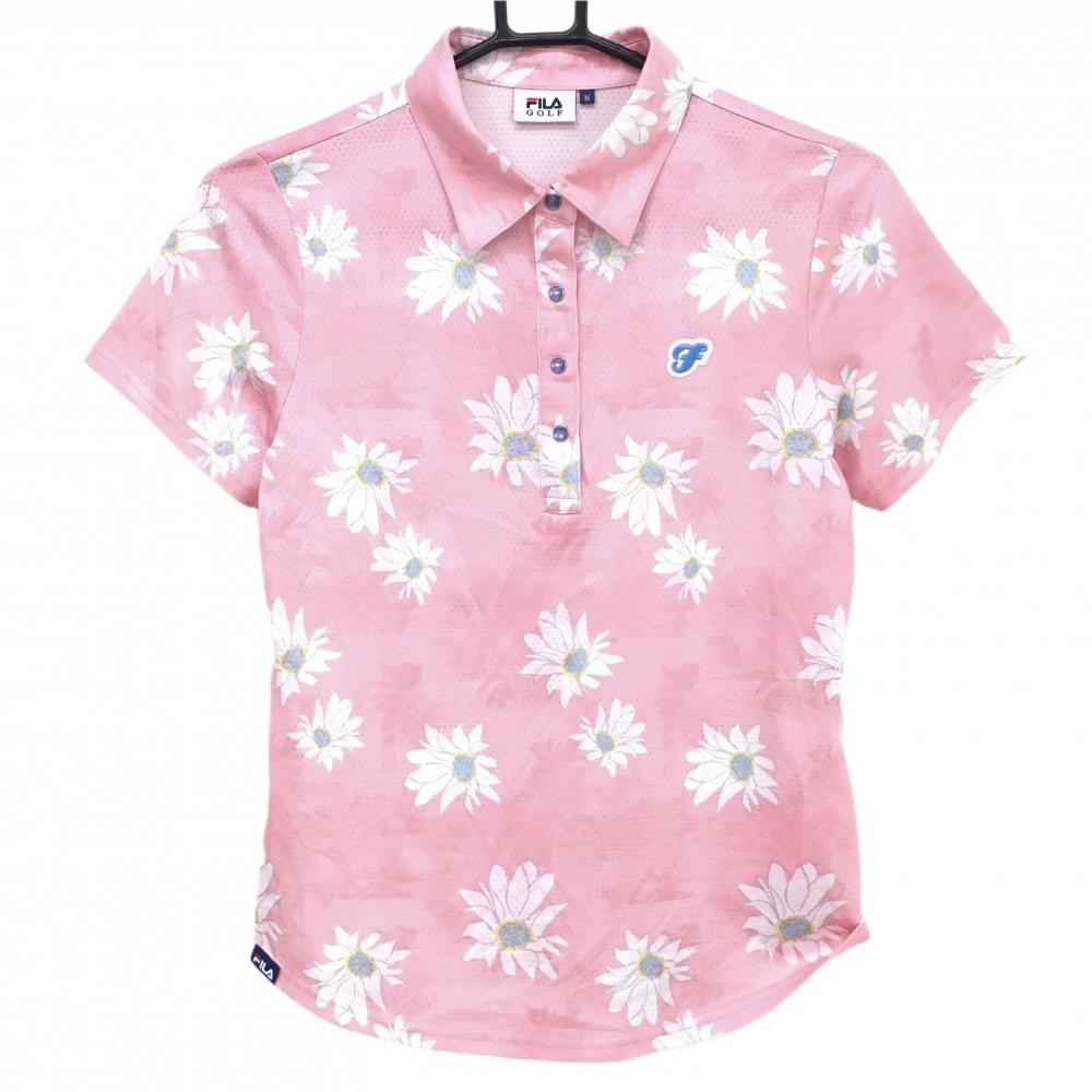 【超美品】フィラゴルフ 半袖ポロシャツ ピンク×白 花柄 スナップボタン レディース M ゴルフウェア FILA GOLF