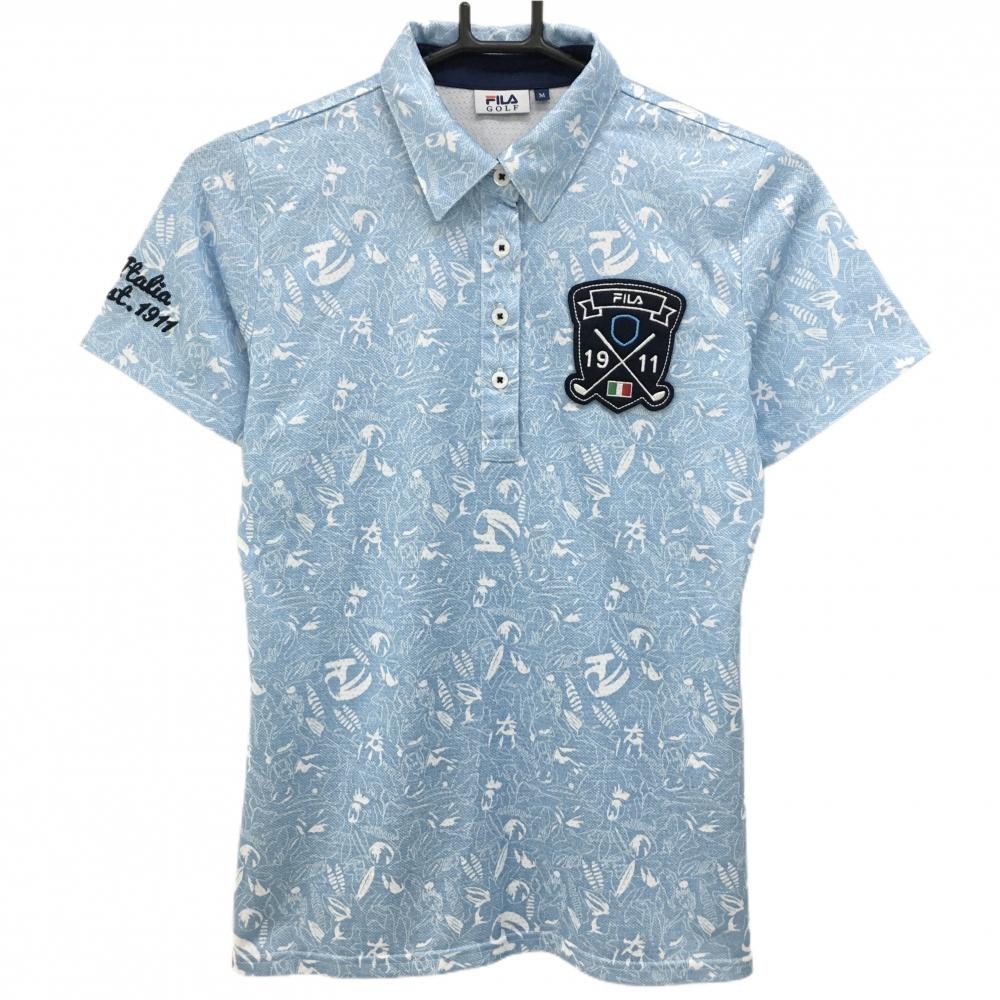 【超美品】フィラゴルフ 半袖ポロシャツ ライトブルー×白 総柄 ビッグワッペン レディース M ゴルフウェア FILA GOLF
