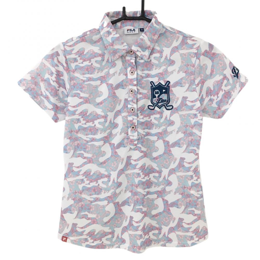 【超美品】フィラゴルフ 半袖ポロシャツ ライトブルー×ピンク ハイビスカス柄 カモフラ風  レディース M ゴルフウェア FILA GOLF