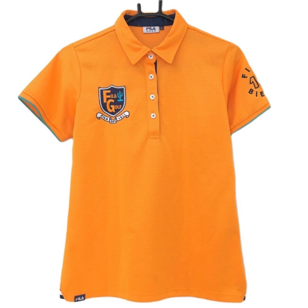 【超美品】フィラゴルフ 半袖ポロシャツ オレンジ×ネイビー ボーダー柄 ロゴ刺しゅう レディース L ゴルフウェア FILA GOLF