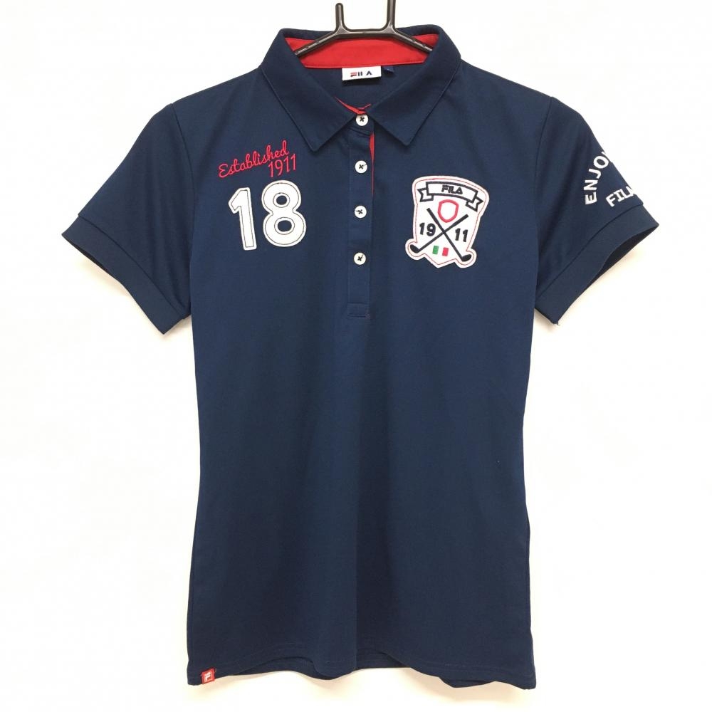 【美品】フィラゴルフ 半袖ポロシャツ ネイビー×白 胸元ワッペン 袖刺しゅう レディース L ゴルフウェア FILA GOLF