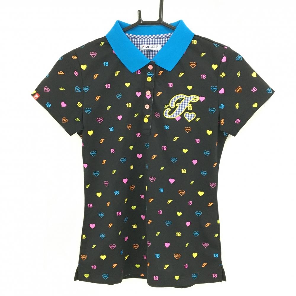 【美品】フィラゴルフ 半袖ポロシャツ 黒×マルチカラー 総柄 ハート 胸元ロゴ刺しゅう レディース M ゴルフウェア FILA GOLF