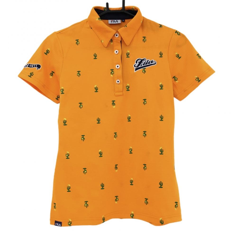 【美品】フィラゴルフ 半袖ポロシャツ オレンジ サボテン刺しゅう総柄  レディース Ｍ ゴルフウェア FILA GOLF