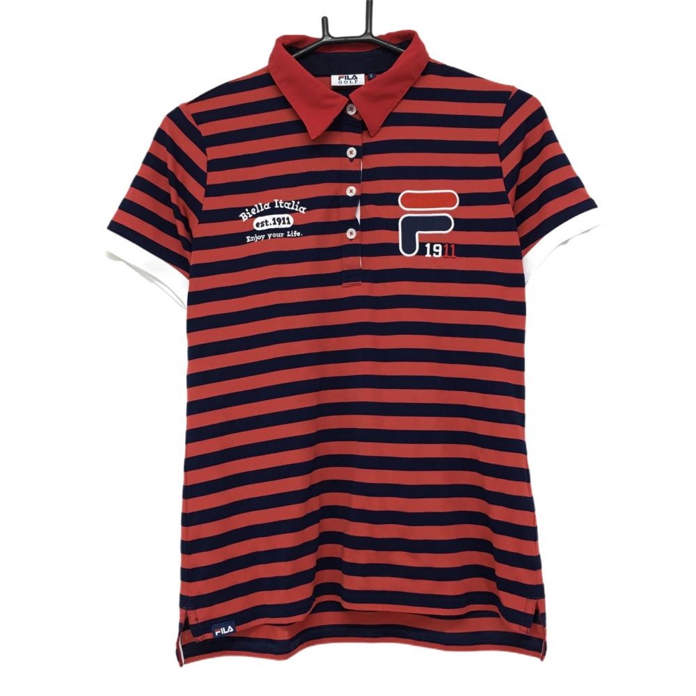 【超美品】フィラゴルフ 半袖ポロシャツ レッド×ネイビー ボーダー ロゴ刺しゅう レディース Ｌ ゴルフウェア FILA GOLF