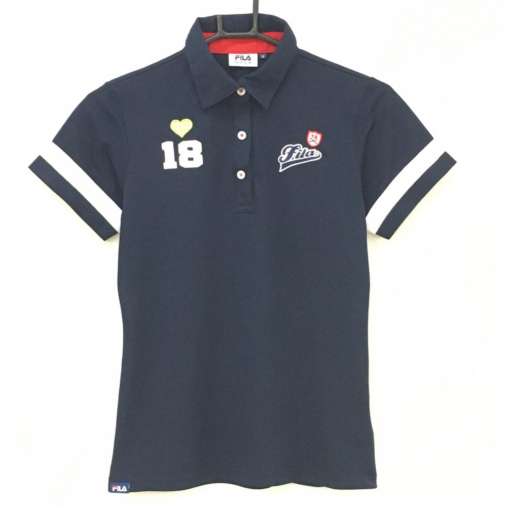 【美品】フィラゴルフ 半袖ポロシャツ ネイビー×白 袖ライン 胸ワッペン  レディース M ゴルフウェア FILA GOLF