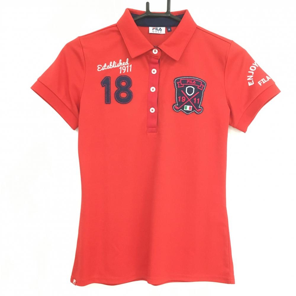 【超美品】フィラゴルフ 半袖ポロシャツ レッド×ネイビー ロゴワッペン 袖刺しゅう レディース M ゴルフウェア FILA GOLF