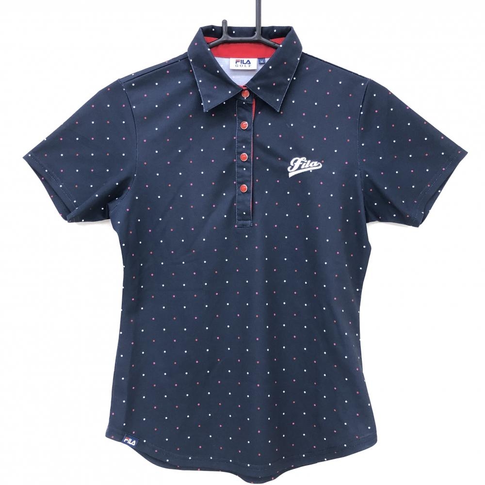 フィラゴルフ 半袖ポロシャツ ネイビー×レッド ドット柄 スナップボタン レディース M ゴルフウェア FILA GOLF