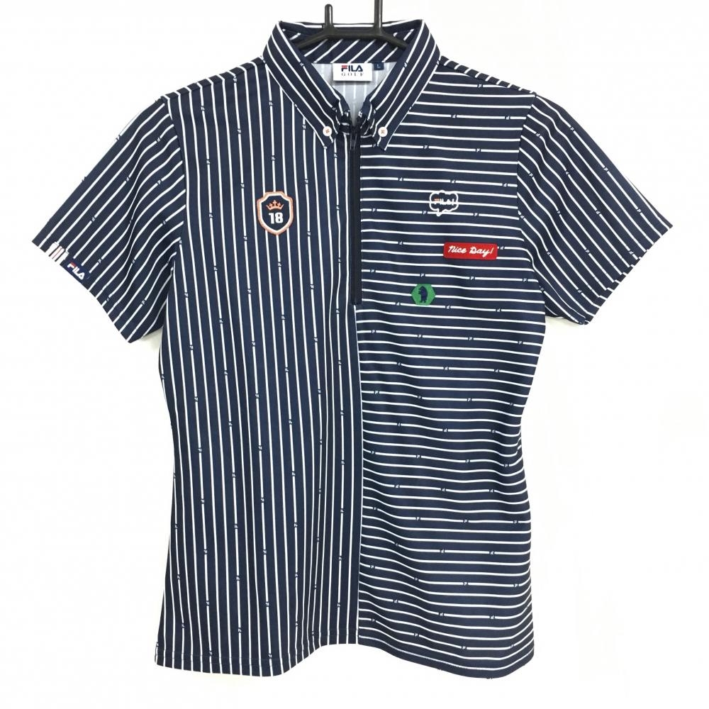 【美品】フィラゴルフ 半袖ポロシャツ ネイビー×白 ストライプ ハーフジップ レディース L ゴルフウェア FILA GOLF