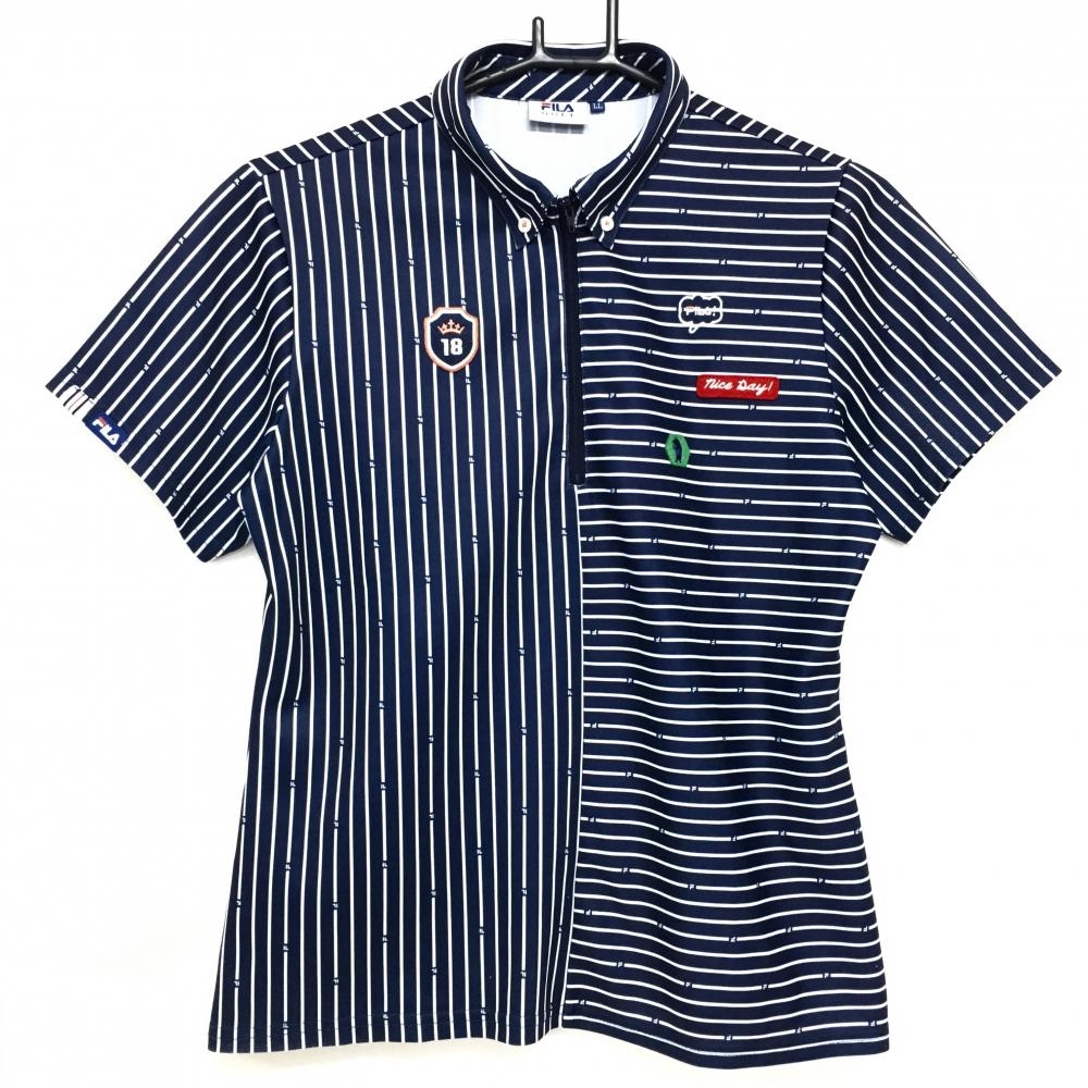 【美品】フィラゴルフ 半袖ポロシャツ ネイビー×白 ストライプ ハーフジップ レディース LL ゴルフウェア FILA GOLF
