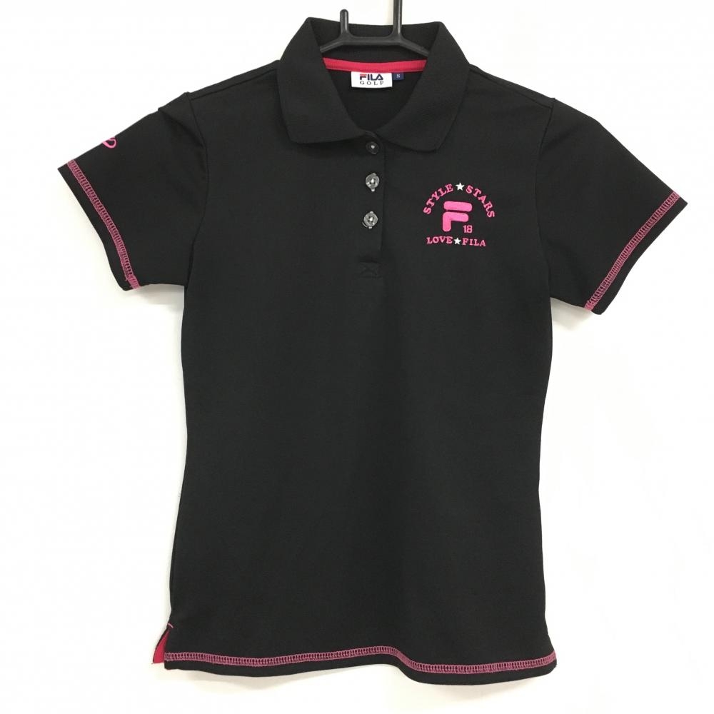 【超美品】フィラゴルフ 半袖ポロシャツ 黒×ピンク 胸元ロゴ レディース S ゴルフウェア FILA GOLF