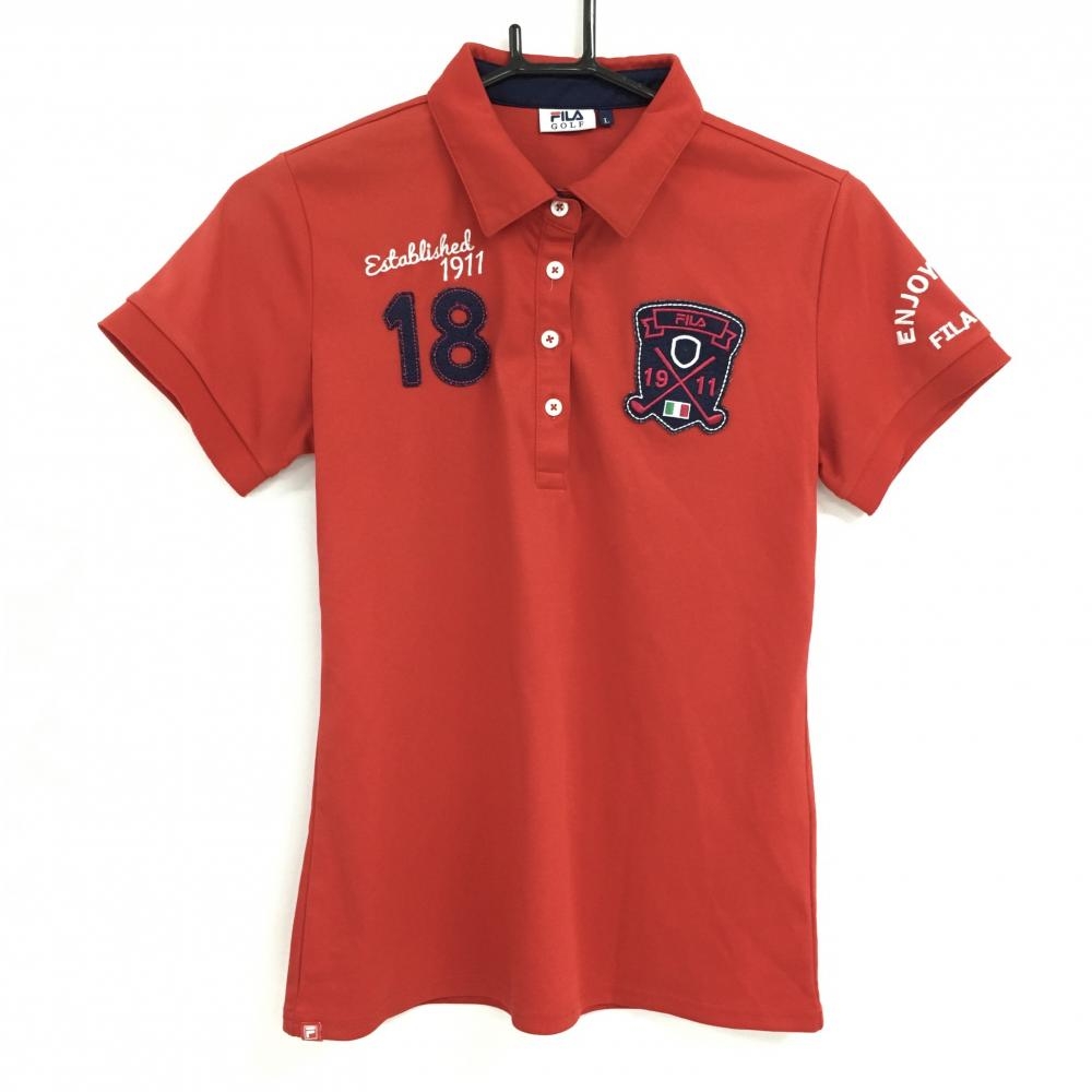 【美品】フィラゴルフ 半袖ポロシャツ レッド×ネイビー 袖刺しゅう レディース L ゴルフウェア FILA GOLF