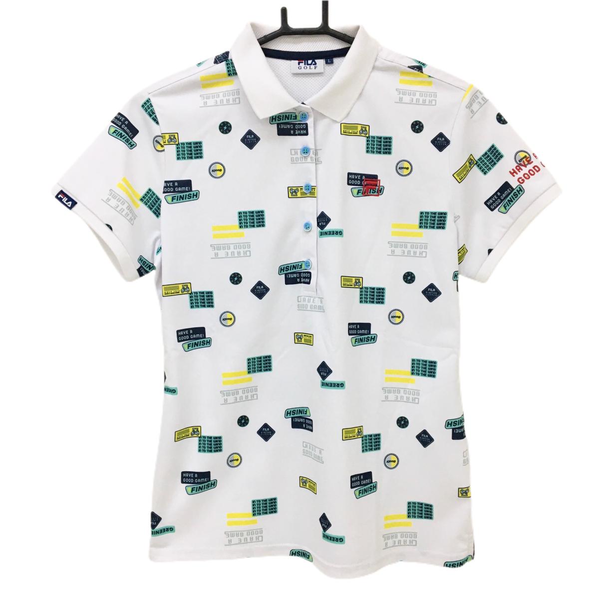 フィラゴルフ 半袖ポロシャツ 白×ネイビー×イエロー 総柄 ロゴ×カート  レディース L ゴルフウェア FILA GOLF