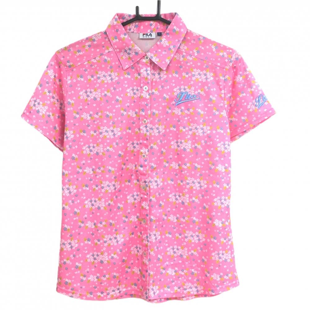 【美品】フィラゴルフ 半袖ポロシャツ ピンク×白 小花柄  レディース LL ゴルフウェア FILA GOLF