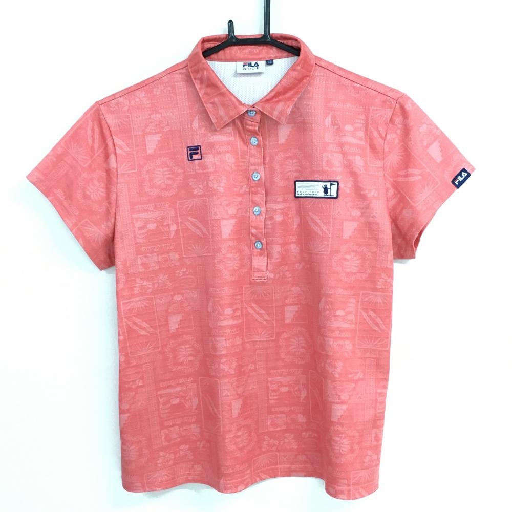 フィラゴルフ 半袖ポロシャツ サーモンピンク×ライトピンク 総柄 胸元ロゴ レディース LL ゴルフウェア FILA GOLF