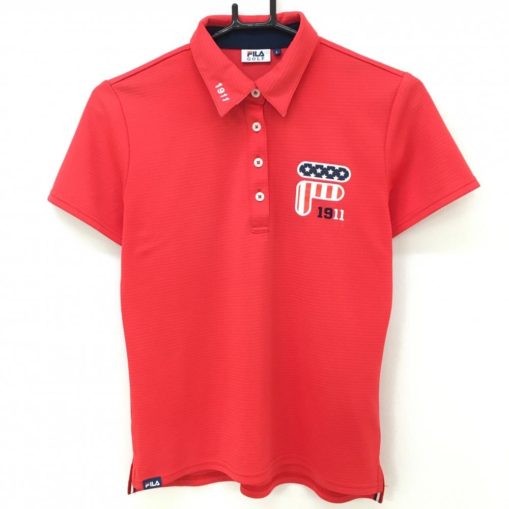 【美品】フィラゴルフ 半袖ポロシャツ レッド ボーダー織生地 ロゴ星条旗柄 レディース L ゴルフウェア FILA GOLF