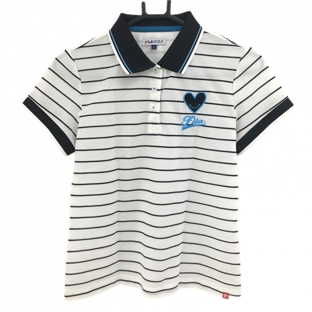 【超美品】フィラゴルフ 半袖ポロシャツ 白×黒 ボーダー ハート レディース L ゴルフウェア FILA GOLF