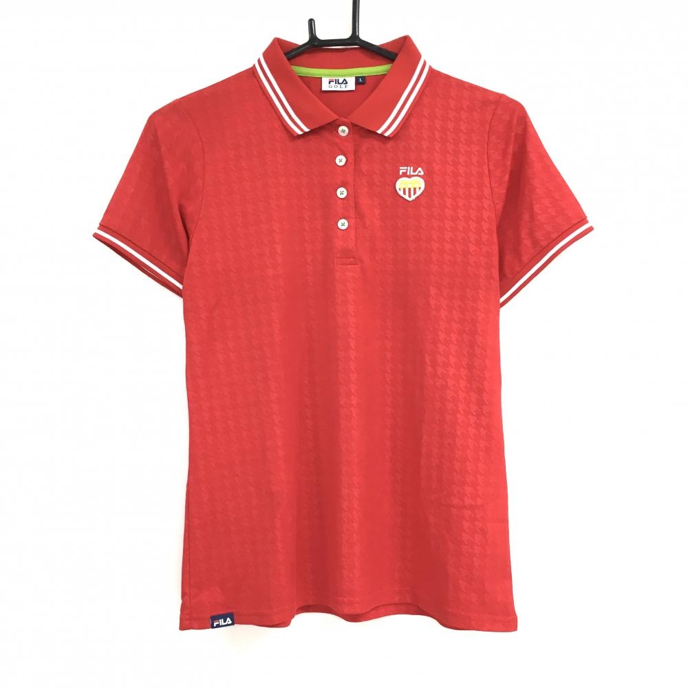 【超美品】フィラゴルフ 半袖ポロシャツ レッド 千鳥柄地模様 襟・袖口ライン  レディース L ゴルフウェア FILA GOLF