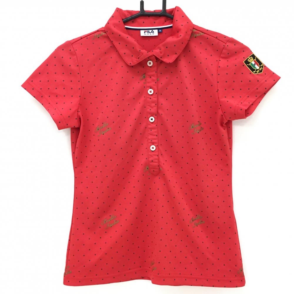 【超美品】フィラゴルフ 半袖ポロシャツ レッド×黒 ドット ハイネック レディース M ゴルフウェア FILA GOLF