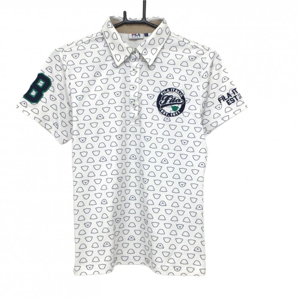 フィラゴルフ 半袖ポロシャツ 白×ネイビー クマ総柄 ロゴ刺しゅう  レディース L ゴルフウェア FILA GOLF
