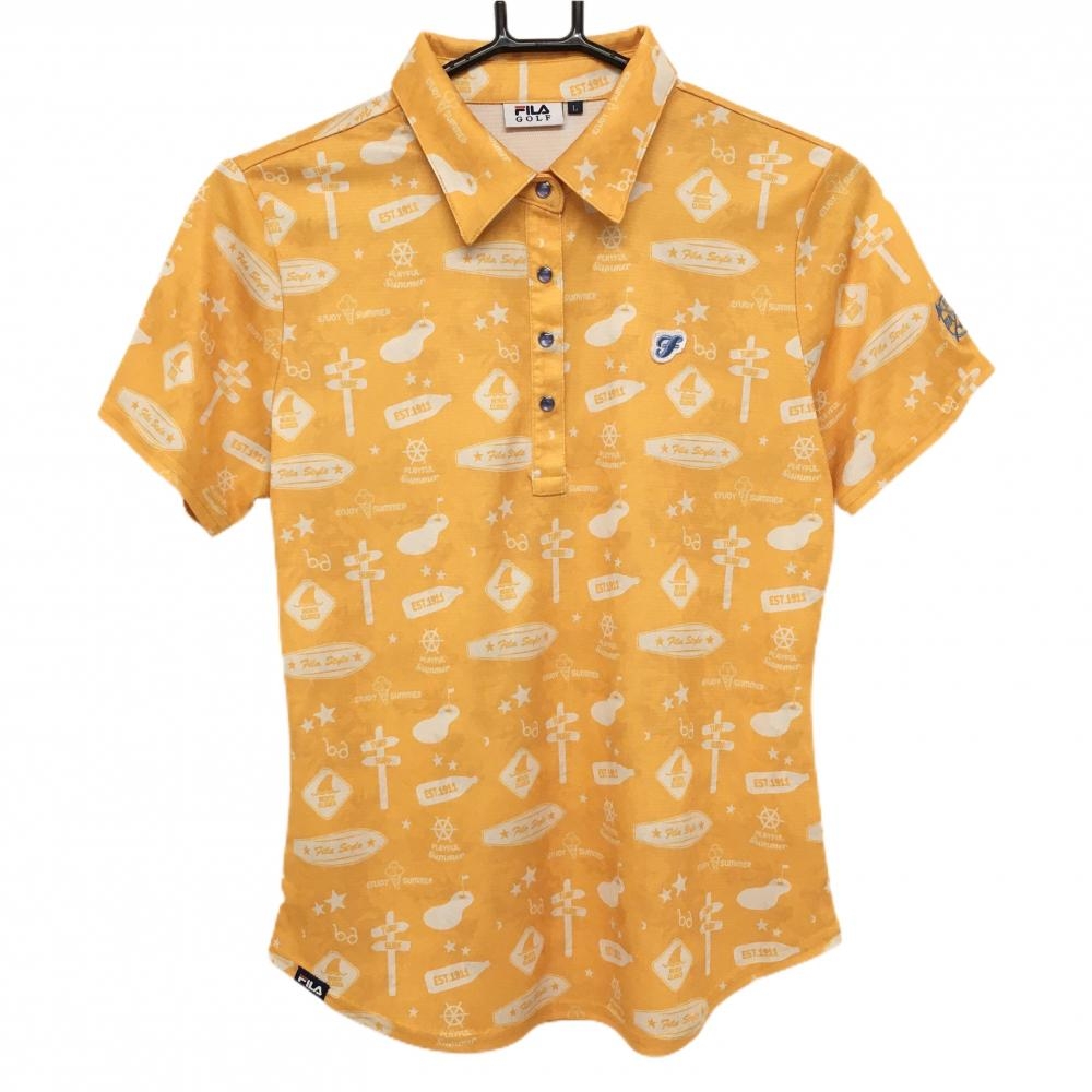 フィラゴルフ 半袖ポロシャツ オレンジイエロー×白 総柄 胸元ワッペン スナップボタン レディース L ゴルフウェア FILA GOLF