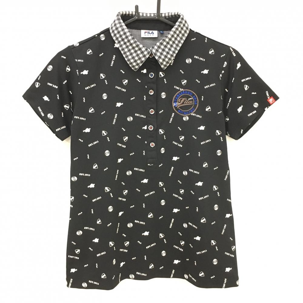 フィラゴルフ 半袖ポロシャツ 黒×白 総柄 襟チェック柄  レディース Ｌ ゴルフウェア FILA GOLF