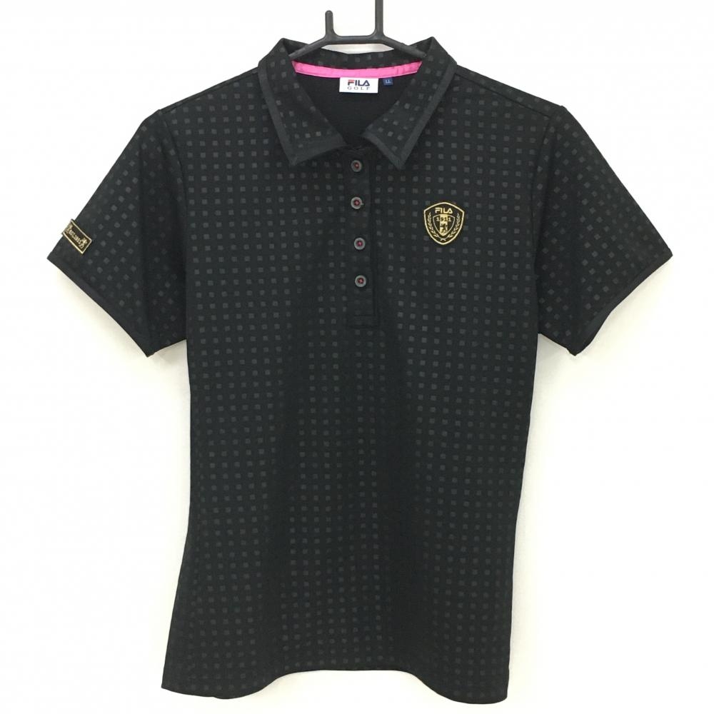 【超美品】フィラゴルフ 半袖ポロシャツ 黒×ダークグレー スクエアドット ロゴワッペン レディース LL ゴルフウェア FILA GOLF