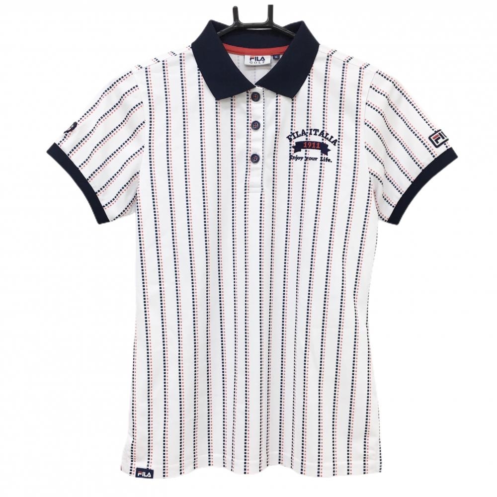 【超美品】フィラゴルフ 半袖ポロシャツ 白×レッド×ネイビー スクエアストライプ 星柄 レディース M ゴルフウェア FILA GOLF