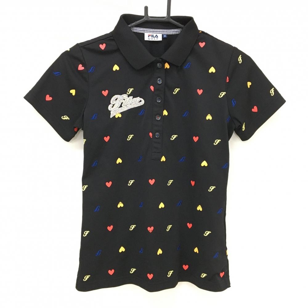 【超美品】フィラゴルフ 半袖ポロシャツ 黒×マルチカラー ハート柄 スパンコールロゴ  レディース M ゴルフウェア FILA GOLF
