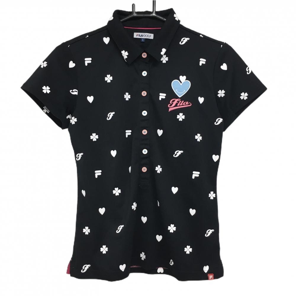 【超美品】フィラゴルフ 半袖ポロシャツ 黒×白 総柄 ワッペン レディース L ゴルフウェア FILA GOLF