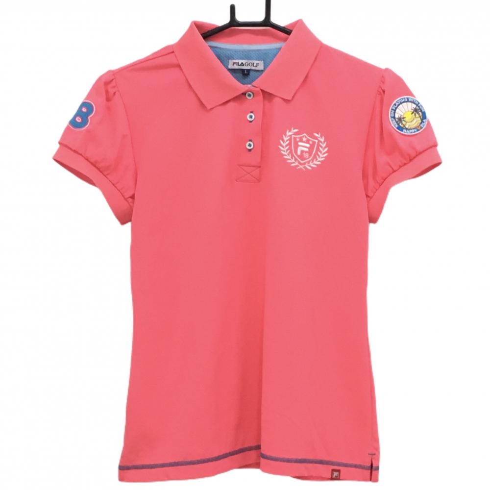 【美品】フィラゴルフ 半袖ポロシャツ ネオンピンク パフスリーブ 袖ワッペン ロゴ刺しゅう レディース L ゴルフウェア FILA GOLF