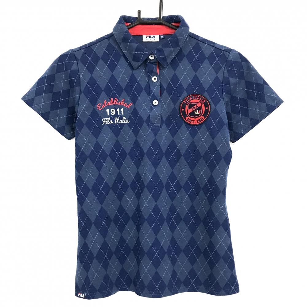 フィラゴルフ 半袖ポロシャツ ネイビー アーガイル柄 刺しゅうワッペン レディース M ゴルフウェア FILA GOLF