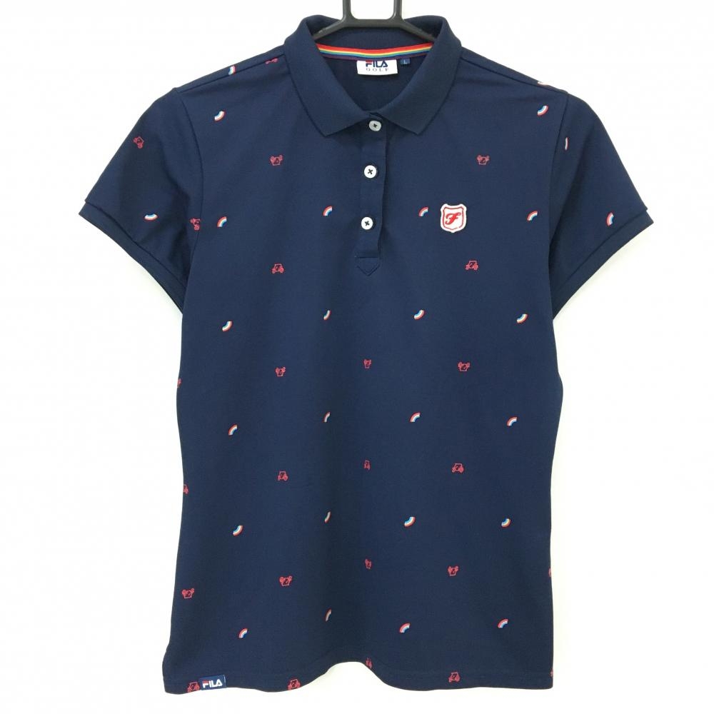 フィラゴルフ 半袖ポロシャツ ネイビー×レッド 総柄 虹 ロゴワッペン  レディース L ゴルフウェア FILA GOLF