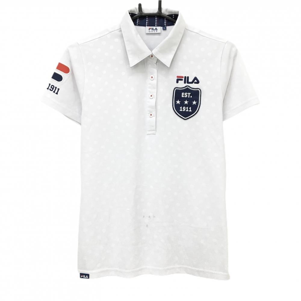 フィラゴルフ 半袖ポロシャツ 白 ドット地模様 ロゴネイビー  レディース L ゴルフウェア FILA GOLF