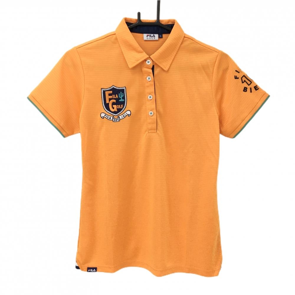 【超美品】フィラゴルフ 半袖ポロシャツ オレンジ ボーダー地模様 ワッペン レディース L ゴルフウェア FILA GOLF