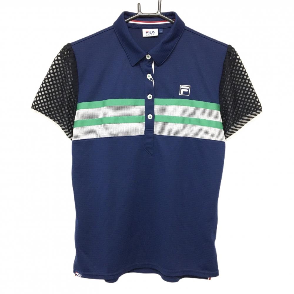【新品】フィラゴルフ 半袖ポロシャツ ネイビー×黒 袖メッシュ 胸元切替 吸汗速乾 UVカット レディース LL ゴルフウェア FILA GOLF