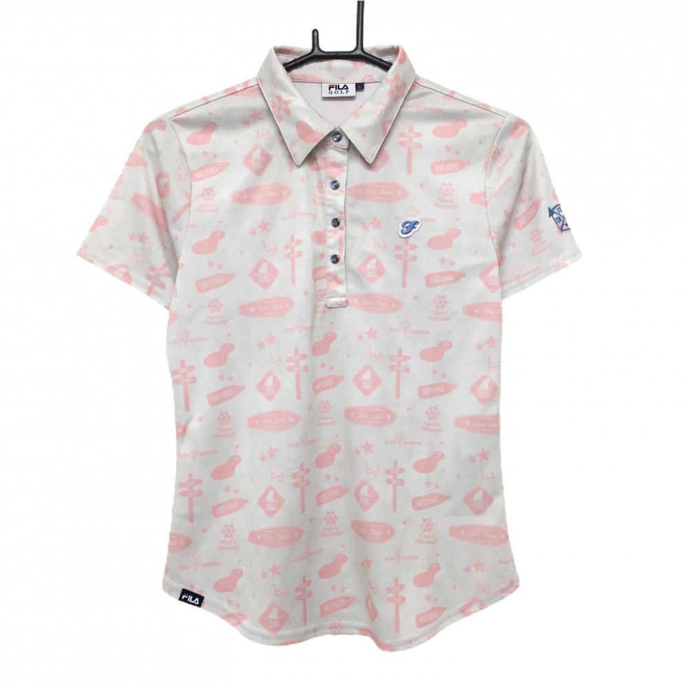 【美品】フィラゴルフ 半袖ポロシャツ ライトグレー×ライトピンク 総柄 スナップボタン レディース L ゴルフウェア FILA GOLF