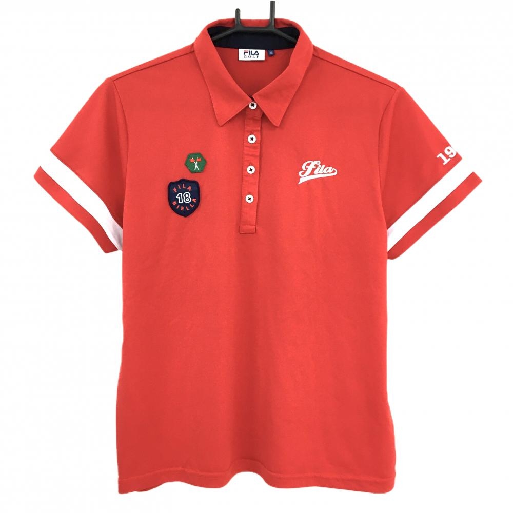【超美品】フィラゴルフ 半袖ポロシャツ レッド×白 袖口ライン ワッペン レディース 3L ゴルフウェア FILA GOLF