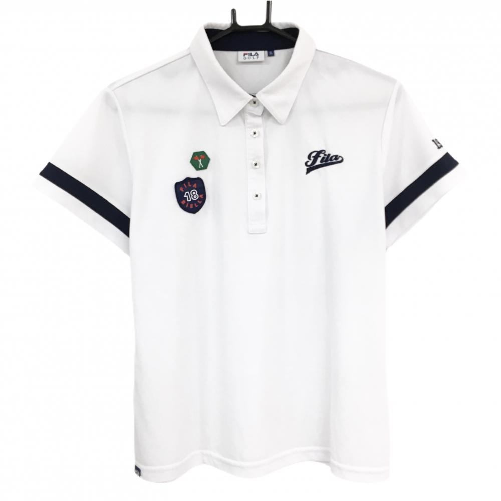 【美品】フィラゴルフ 半袖ポロシャツ 白×ネイビー 袖口ライン ワッペン レディース 3L ゴルフウェア FILA GOLF