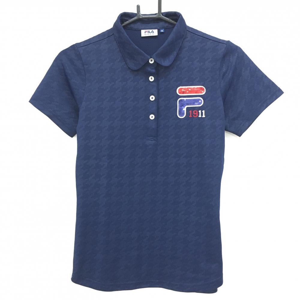 【超美品】フィラゴルフ 半袖ポロシャツ ネイビー 総柄地模様 スパンコール レディース M ゴルフウェア FILA GOLF