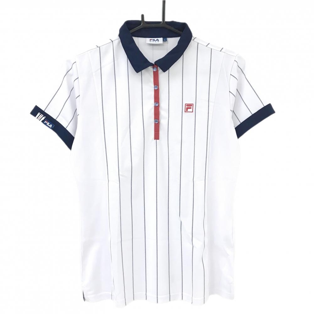 【超美品】フィラゴルフ 半袖ポロシャツ 白×ネイビー ストライプ ボタンダウン レディース L ゴルフウェア FILA GOLF