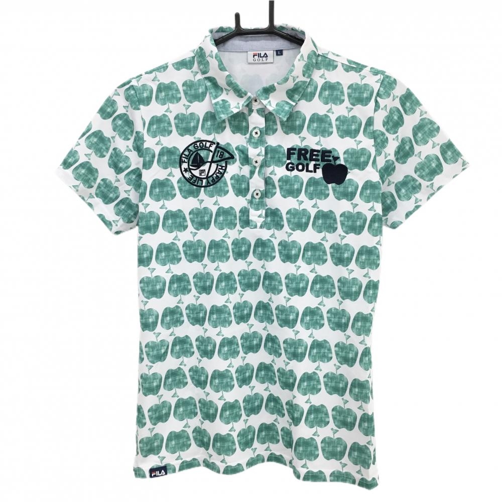 【超美品】フィラゴルフ 半袖ポロシャツ 白×グリーン リンゴ総柄  レディース L ゴルフウェア FILA GOLF