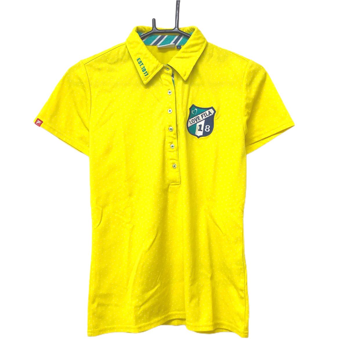 【超美品】フィラゴルフ 半袖ポロシャツ イエロー×白 ドット 襟裏・前立て斜めストライプ  レディース L ゴルフウェア FILA GOLF