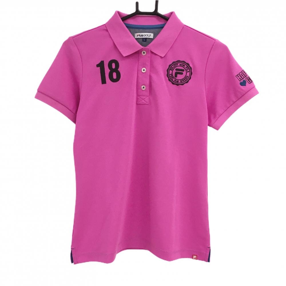【美品】フィラゴルフ 半袖ポロシャツ ピンク×ダークグレー ロゴ刺しゅう レディース L ゴルフウェア FILA GOLF