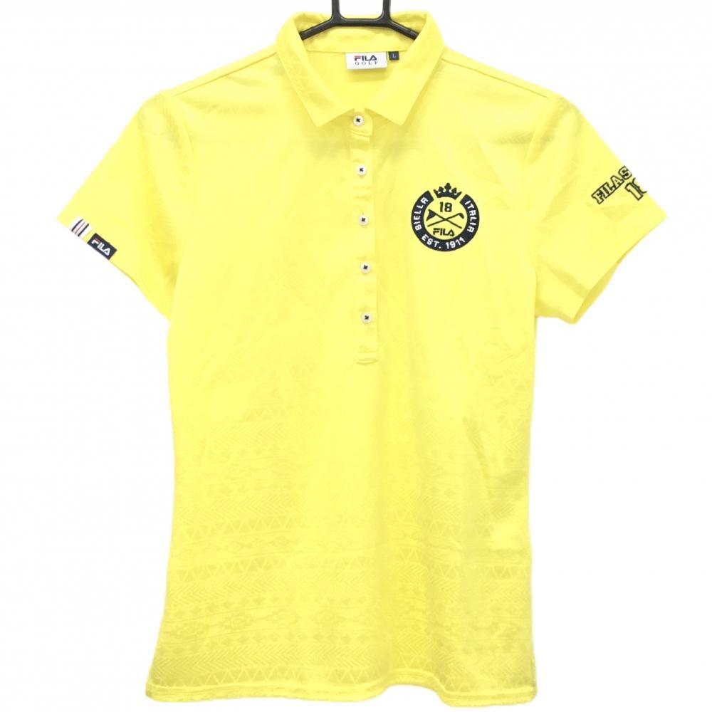 【超美品】フィラゴルフ 半袖ポロシャツ イエロー×ネイビー 総柄地模様 ロゴ刺しゅう レディース L ゴルフウェア FILA GOLF