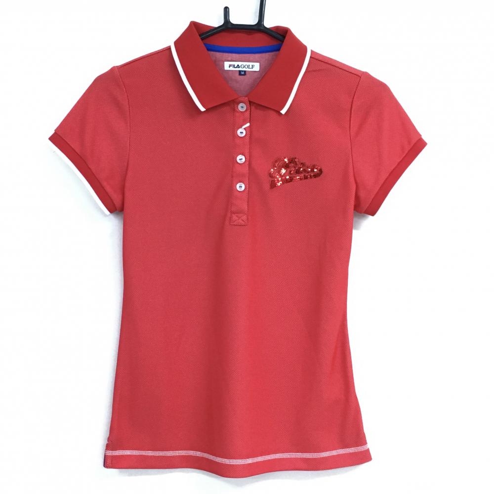【新品】フィラゴルフ 半袖ポロシャツ レッド スパンコールロゴ 吸汗速乾 UVケア レディース M ゴルフウェア FILA GOLF