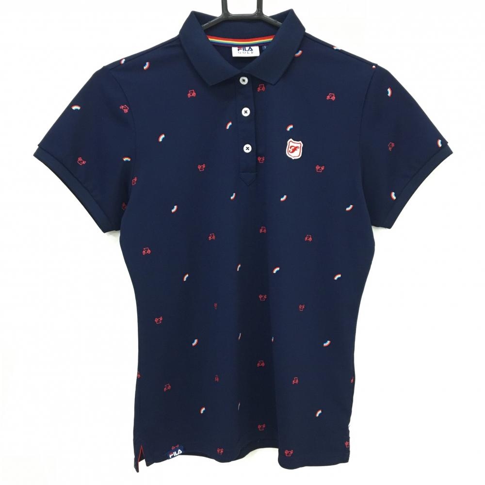 【美品】フィラゴルフ 半袖ポロシャツ ネイビー×ピンク 総柄 虹 ロゴワッペン レディース L ゴルフウェア FILA GOLF