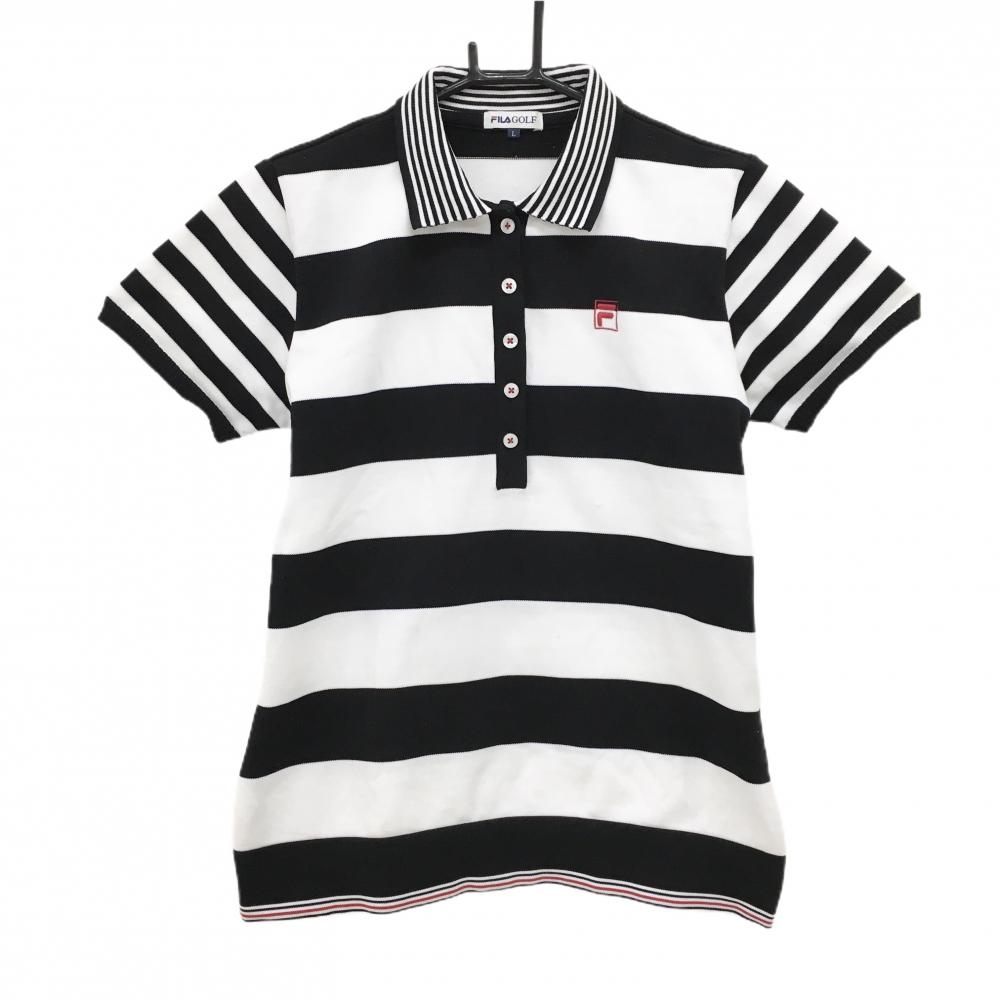 【美品】フィラゴルフ 半袖ニットポロシャツ 白×黒 ボーダー ロゴ刺しゅう レディース L ゴルフウェア FILA GOLF