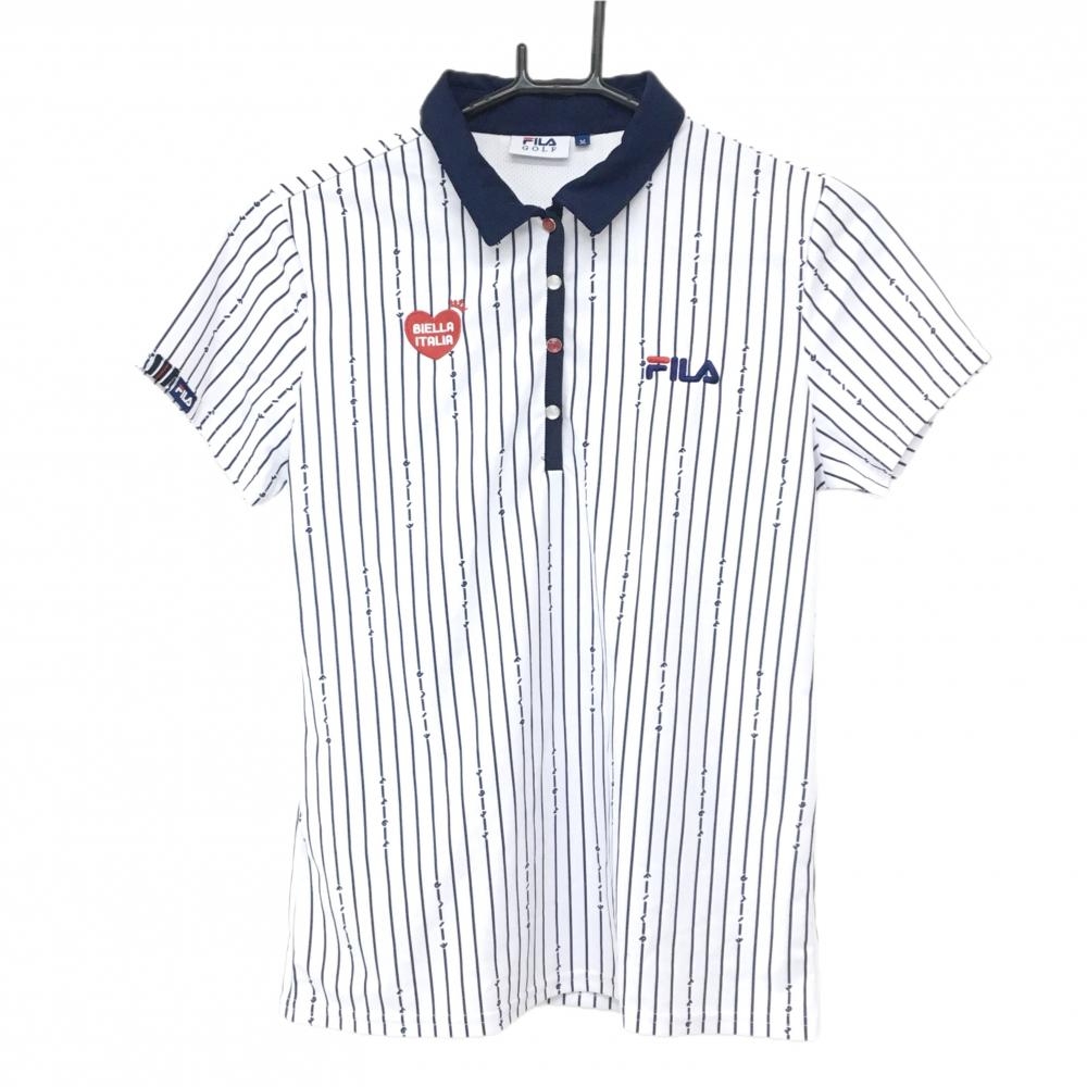 【美品】フィラゴルフ 半袖ポロシャツ 白×ネイビー ストライプ ロゴ刺しゅう  レディース M ゴルフウェア FILA GOLF